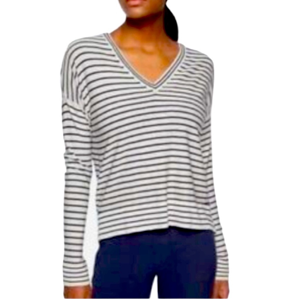 Athleta Women's Striped V-Neck Sweater - White and Black